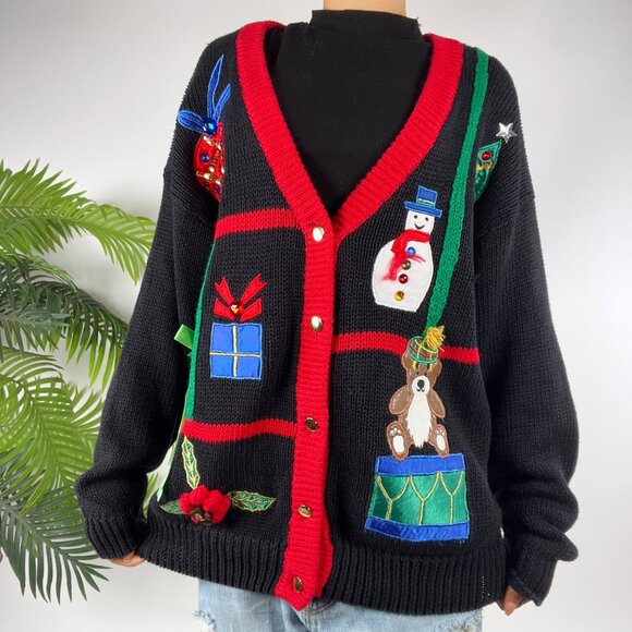 Vintage 90s Black Holiday Grandmacore Ugly Christmas Sweater Knit Cardigan / L - Picture 5 of 8